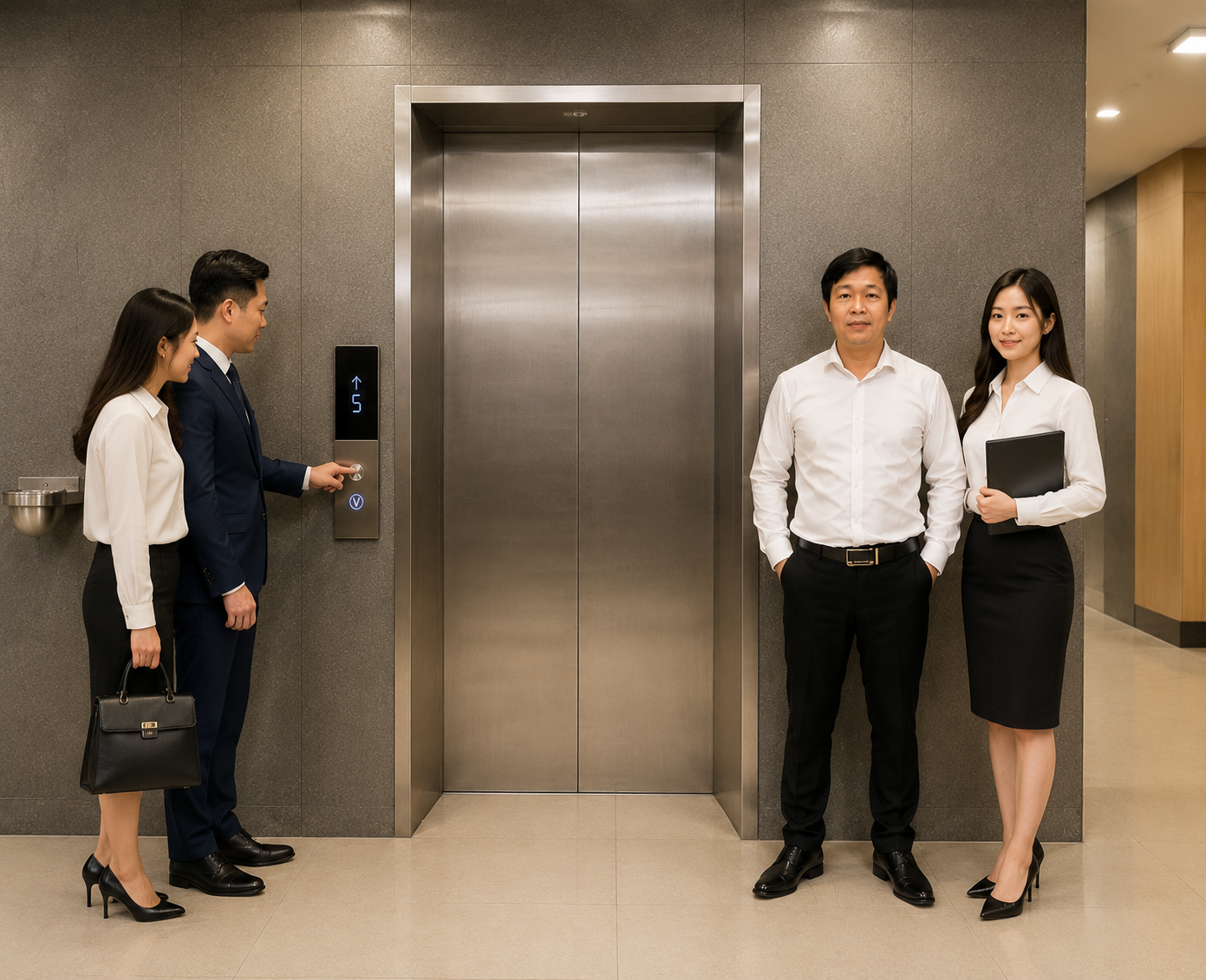 Nhân viên văn phòng đứng chờ và bấm nút gọi thang máy inox hiện đại trong tòa nhà